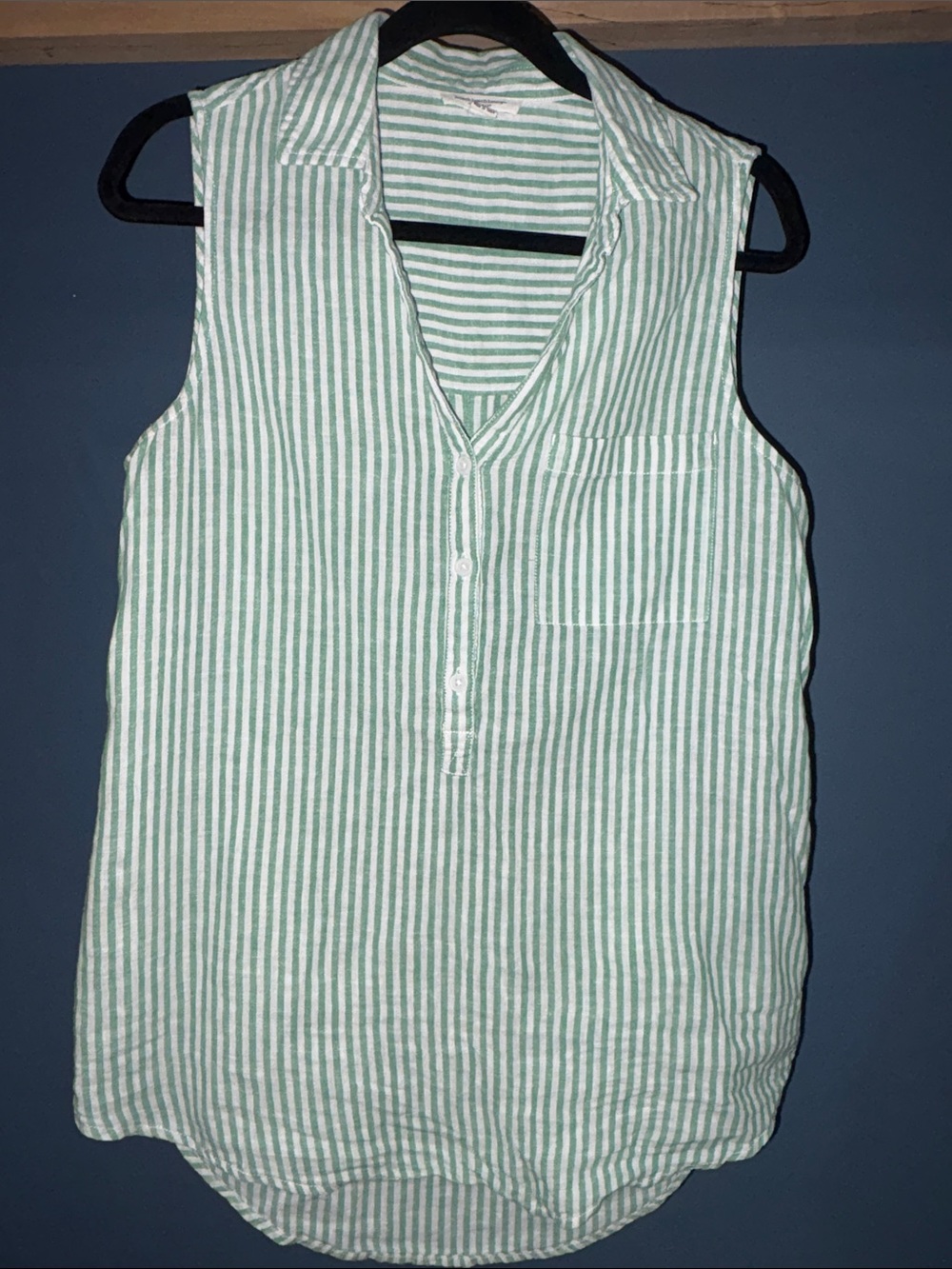 beachlunchlounge Green and White Striped Sleeveless Button Front Top